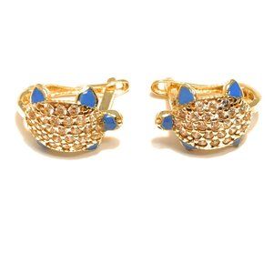 14 Carat Gold Earrings Cute Enameled Blue Turtle